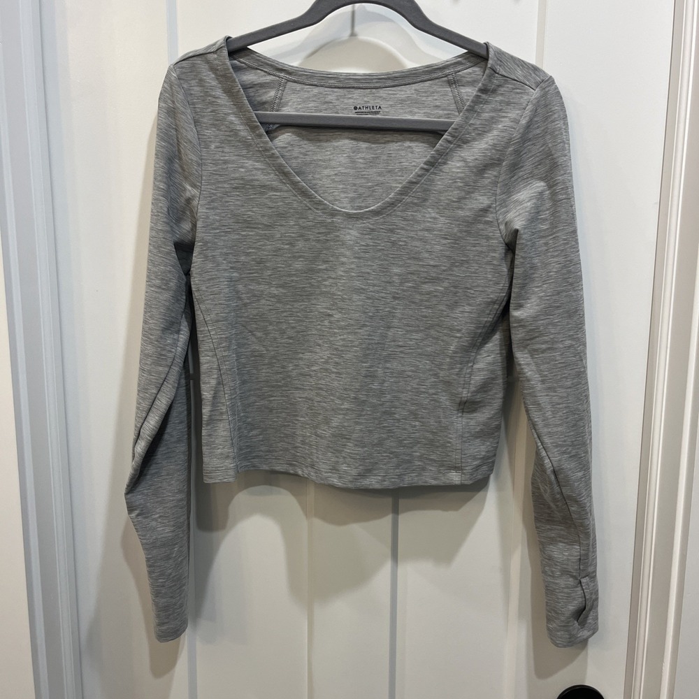 Athleta Women's Grey Long Sleeve V-Neck Polyester/Spandex Stretch Shirt Sz M